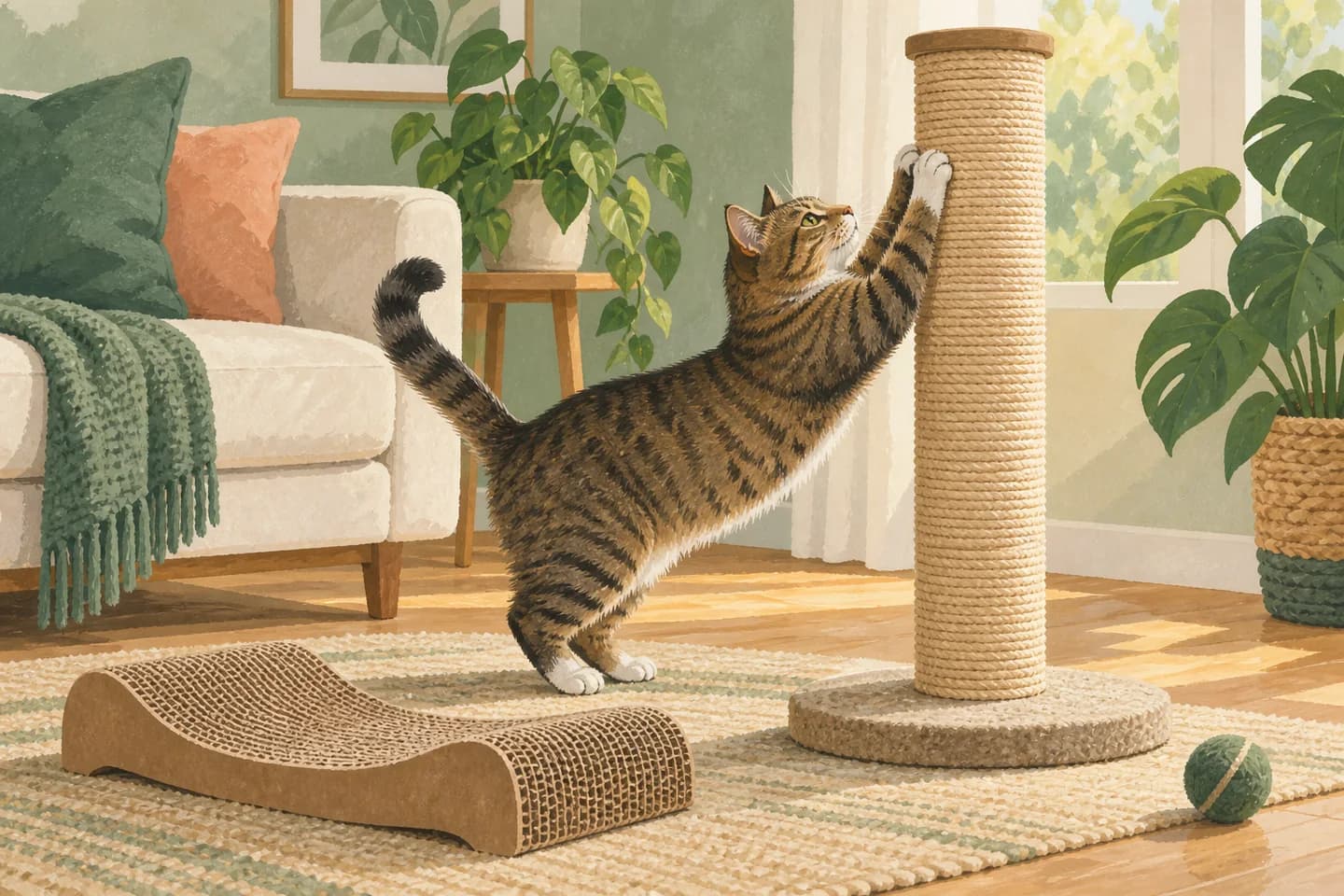 Ilustração de gato usando poste de sisal, com arranhador horizontal de papelão ao lado