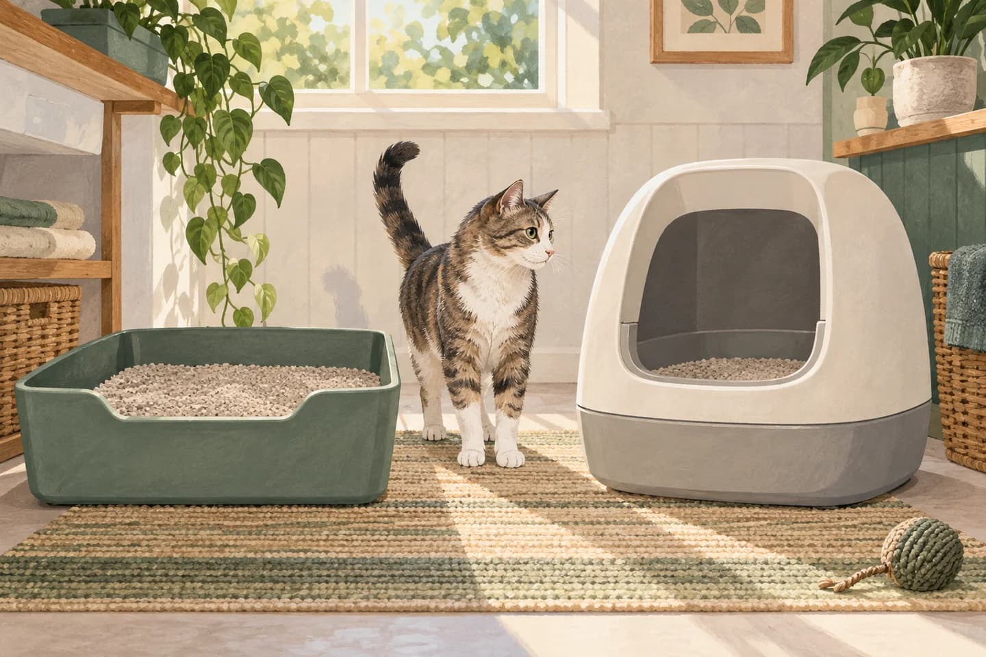 Ilustração de gato ao lado de caixa de areia convencional e caixa automática