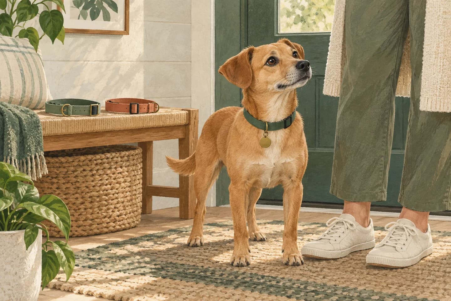 Ilustração de cachorro pequeno com coleira de fita ao lado de seu tutor