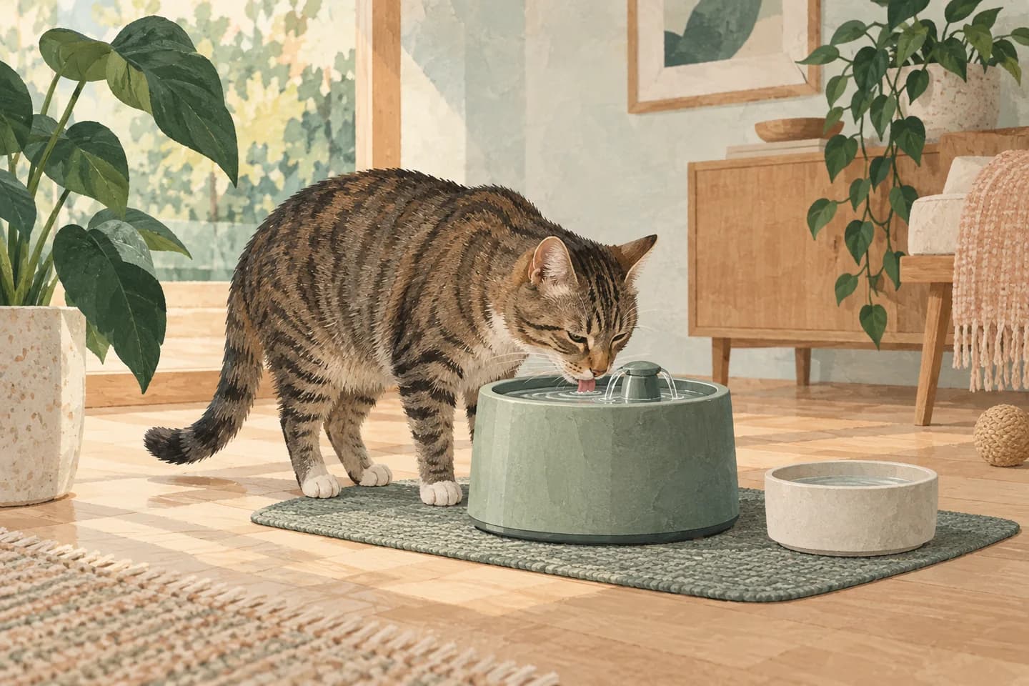 Ilustração de gato bebendo em fonte de água, com um pote disponível ao lado