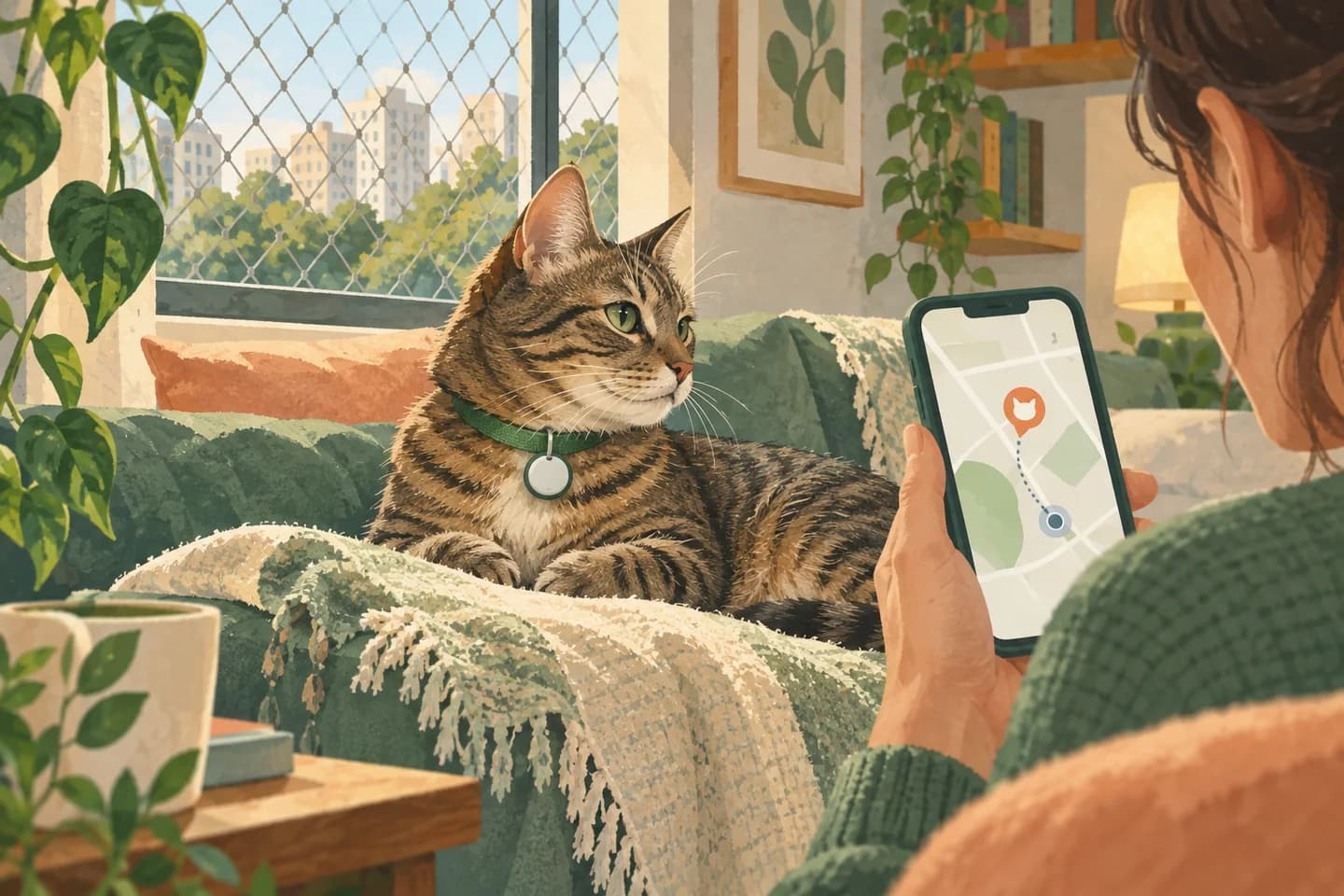 Ilustração de gato com identificador na coleira e tutora consultando um mapa no celular