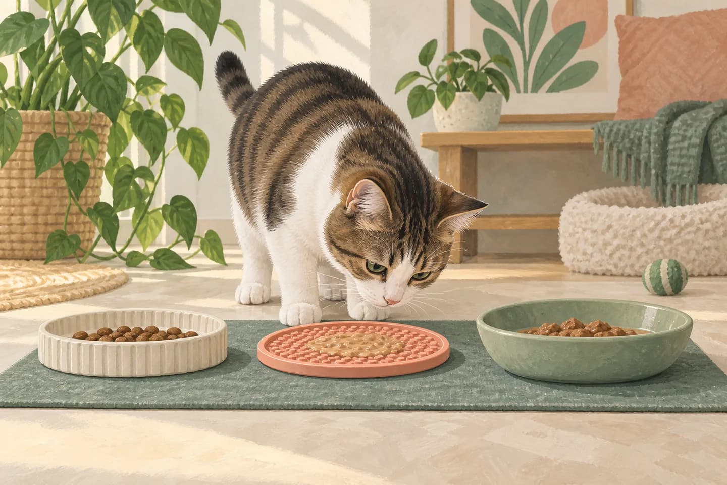 Ilustração de gato explorando alimento em tapete com relevos, junto de outros recipientes