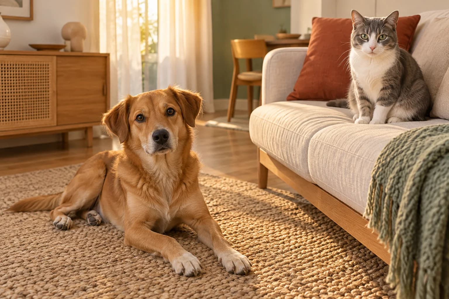 Ilustração de um cachorro caramelo e um gato dividindo uma sala acolhedora