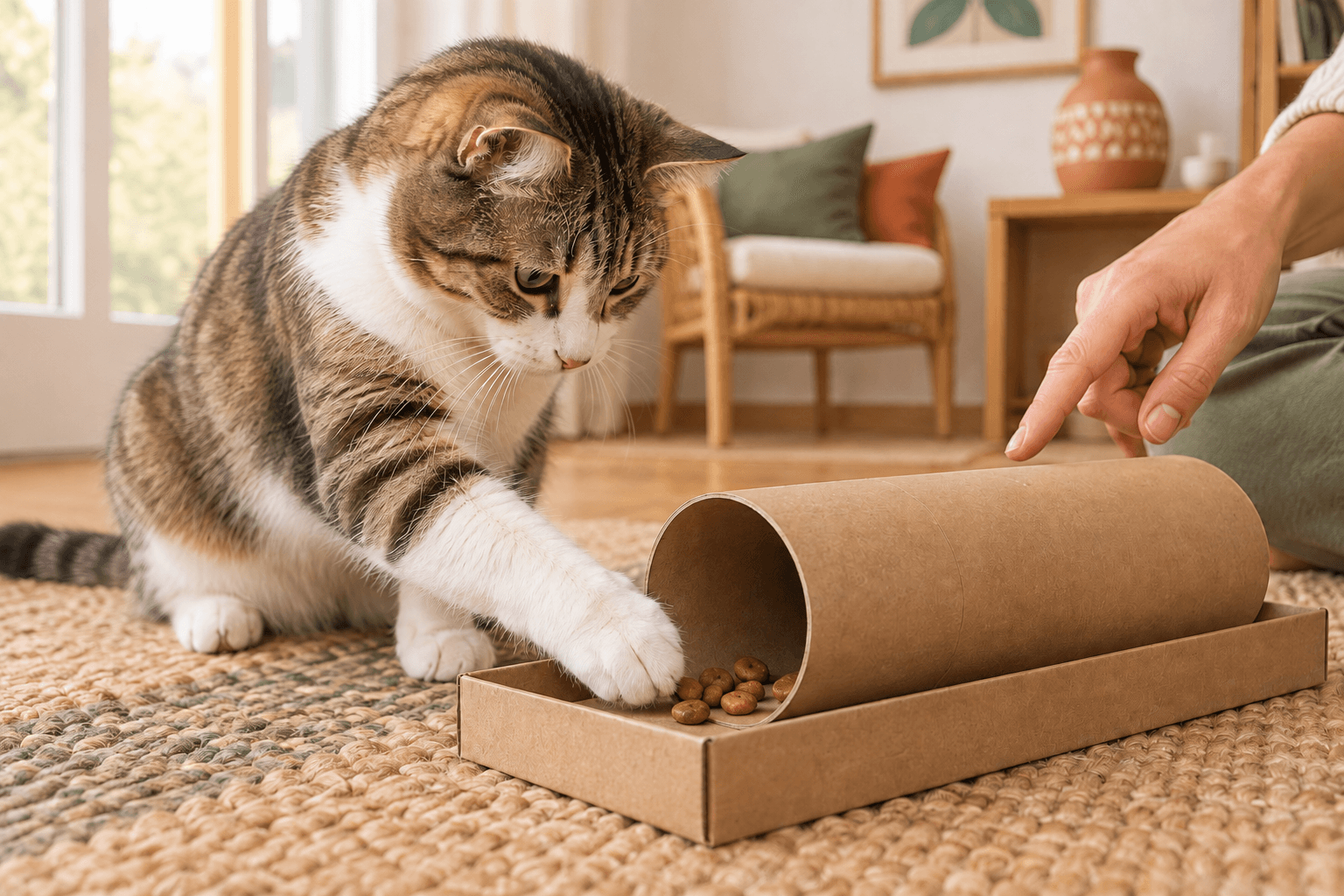 Gato alcança com a pata pequenos grãos de alimento perto da abertura de um tubo de papelão
