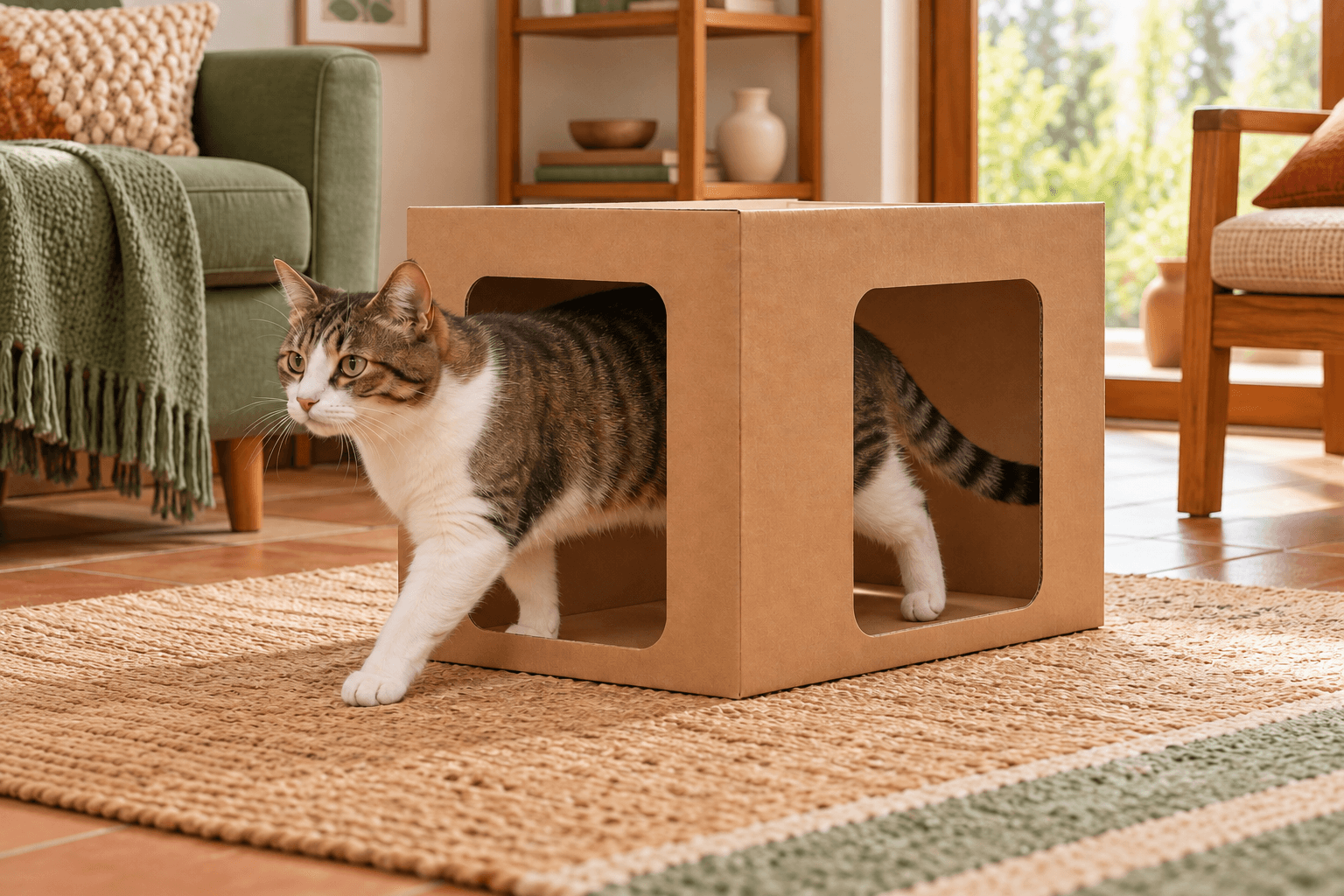 Gato atravessa uma caixa de papelão com duas aberturas amplas em lados diferentes