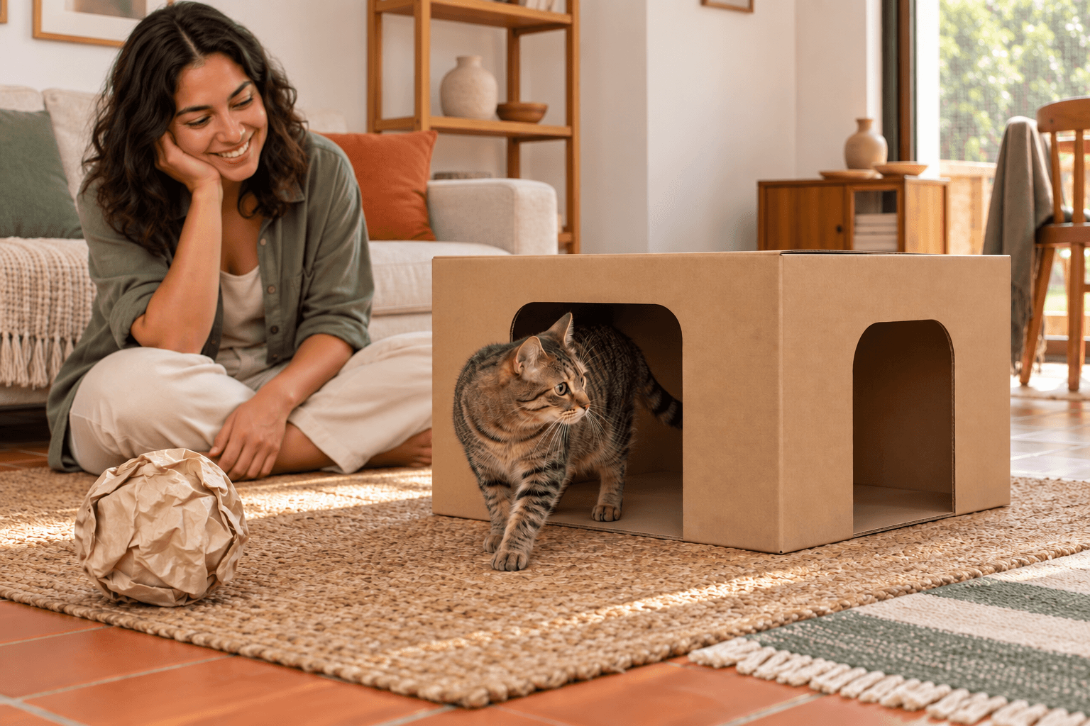 Gato explora uma caixa de papelão com passagens largas enquanto a tutora acompanha a brincadeira