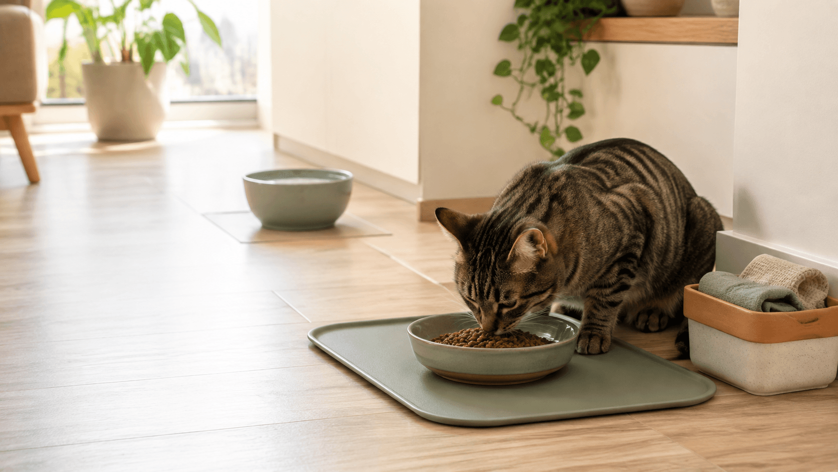 Gato tigrado comendo em prato raso sobre tapete lavável; o pote de água aparece separado, em um canto claro da casa