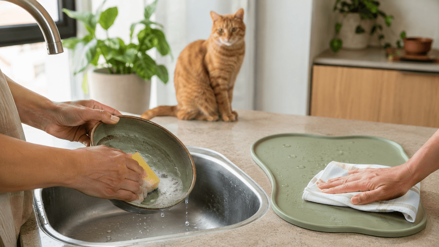 Mãos lavam um prato raso de cerâmica enquanto um tapete de silicone é seco com pano; um gato laranja observa ao fundo