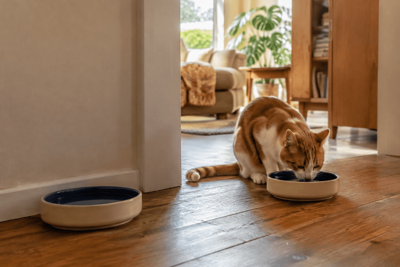 Gato laranja bebe em um pote raso enquanto outro pote fica em um ponto separado da casa