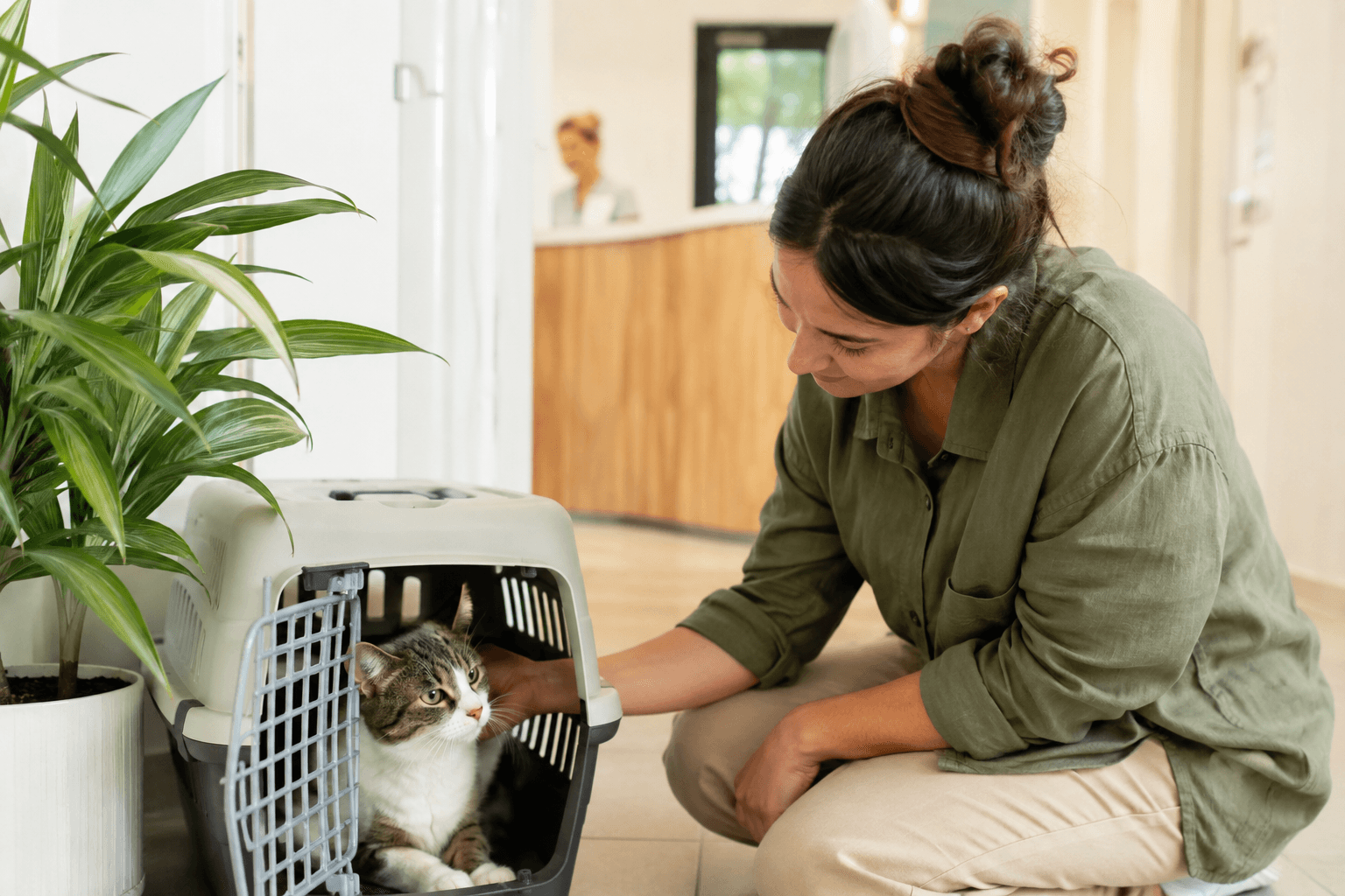 Gato tranquilo em caixa de transporte ao lado da tutora em uma recepção veterinária clara
