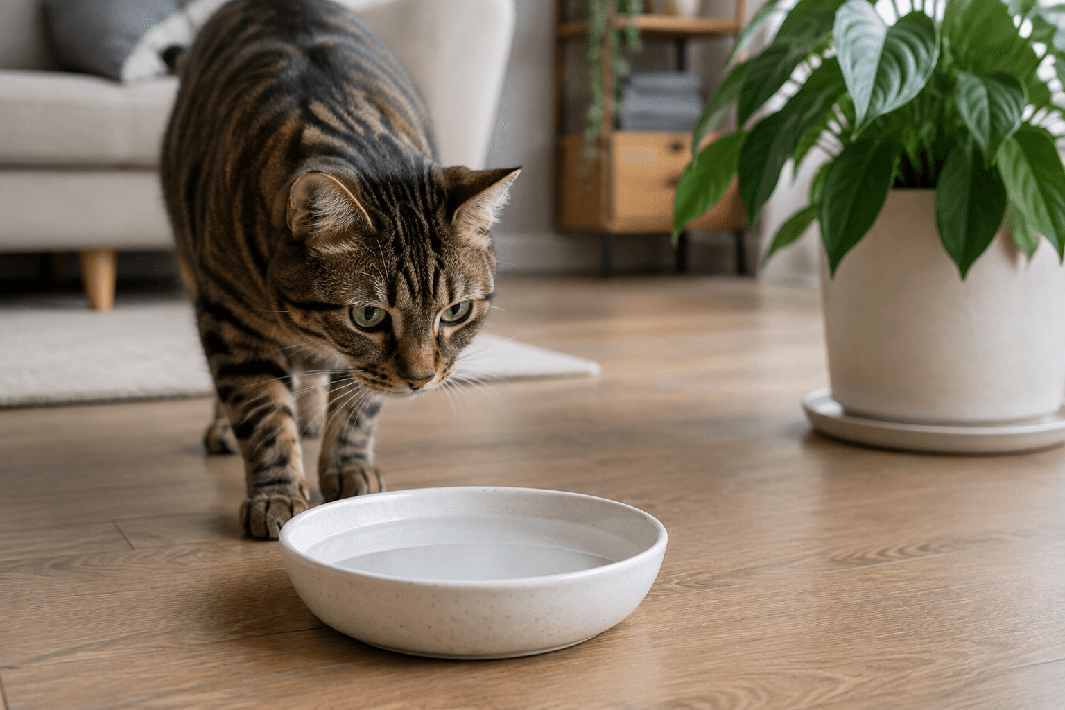 Gato tigrado se aproxima de um pote raso de água em uma sala tranquila