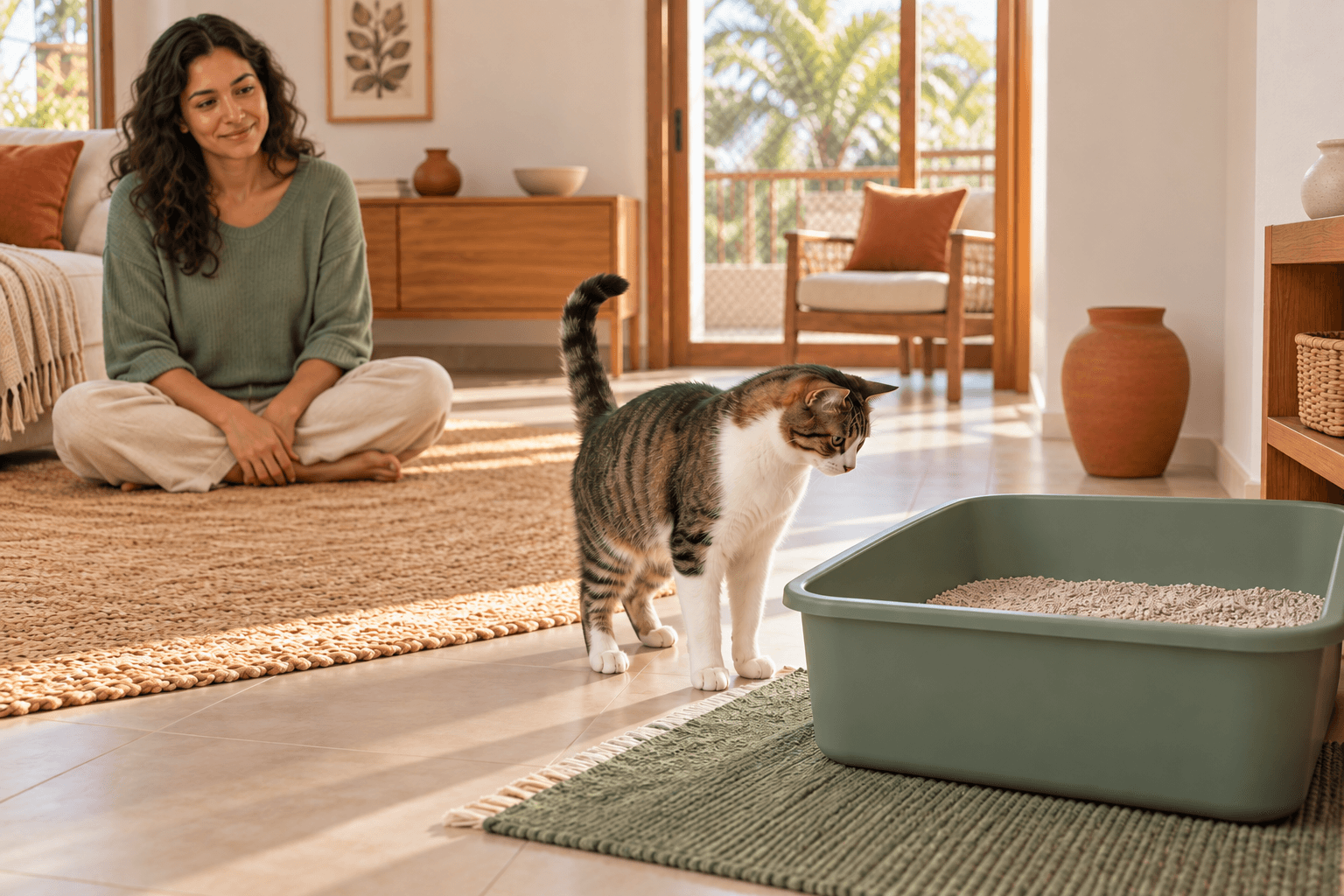 Tutora observa à distância enquanto o gato se aproxima de uma caixa de areia aberta