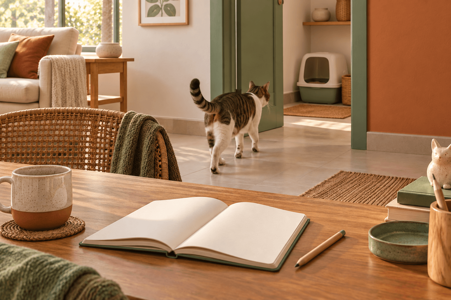 Caderno aberto sobre a mesa e gato caminhando livremente em direção ao cômodo da caixa
