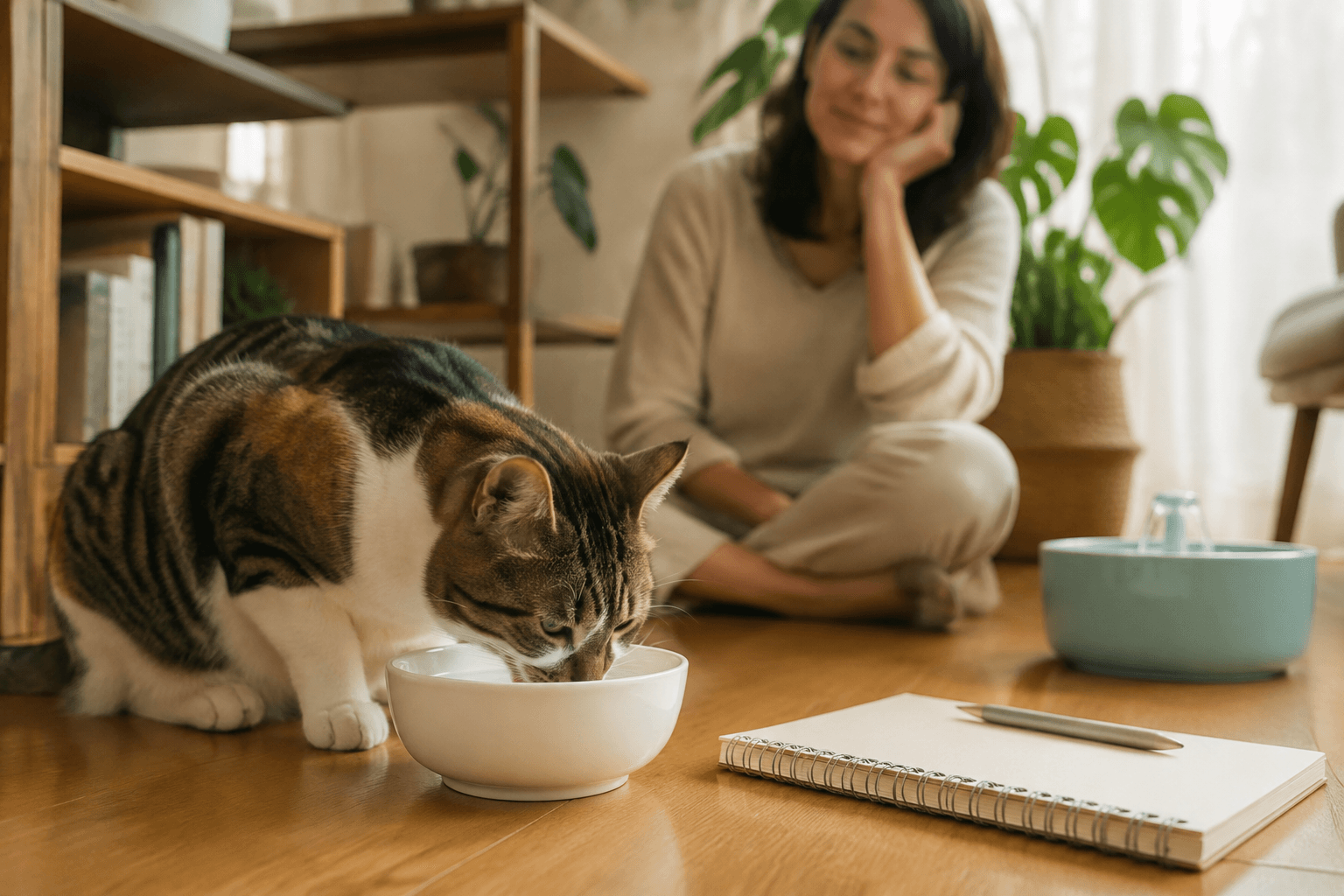 Gato bebendo enquanto a pessoa observa à distância, com outro ponto de água e caderno em branco