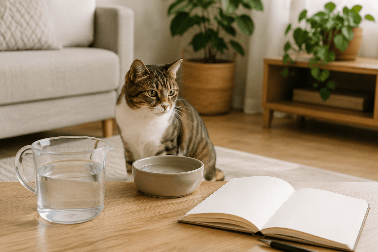Gato sentado ao lado de pote, jarra transparente e caderno aberto sem anotações legíveis