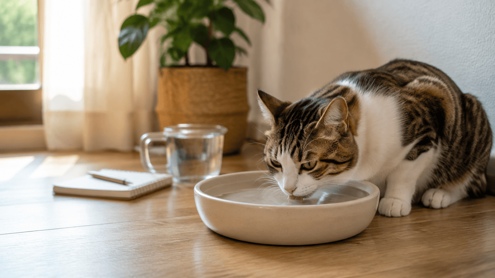 Gato tigrado bebendo em pote raso com jarra de água e caderno aberto ao lado