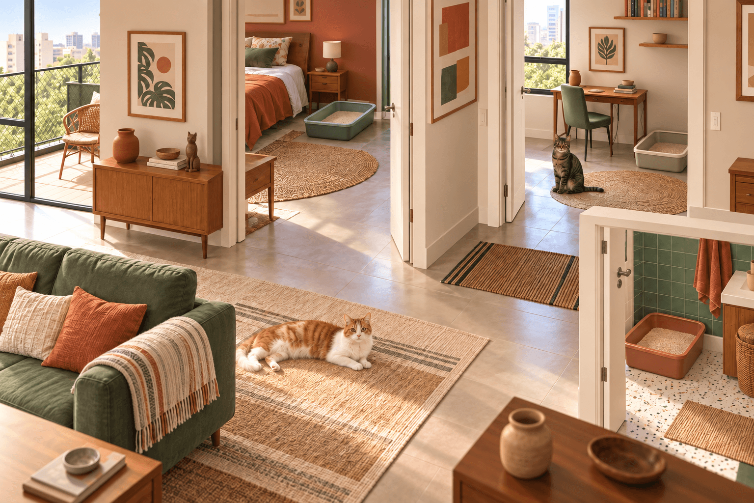 Dois gatos em um apartamento com três caixas de areia distribuídas em áreas diferentes